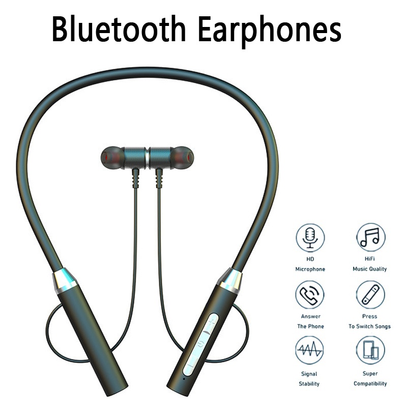 Magnetic Neckband Sports Earphones - หูฟังไร้สายบลูทูธ 9D แบบคล้องคอ หูฟังสเตอริโอสำหรับเล่นเกม ชุดหูฟังกีฬาแบบคล้องคอ กันน้ำ